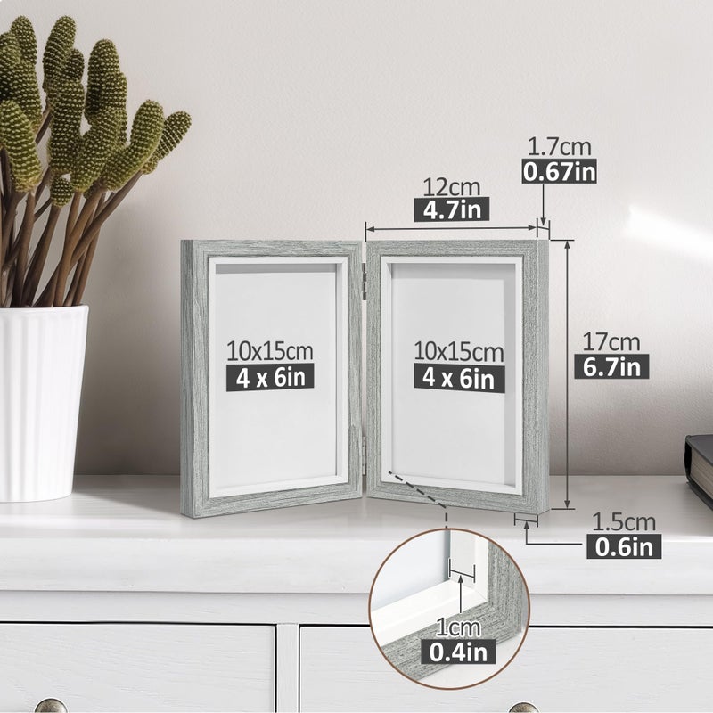 Afuly 4x6 Picture Frame Double Picture Frames 4 by 6 Grey Hinged Photo Frames Modern Wooden Frame Desk Vertical 2 Openings Display Gifts for Chirstmas Wedding Birthday Grandma Women Mom Friends - Image 3